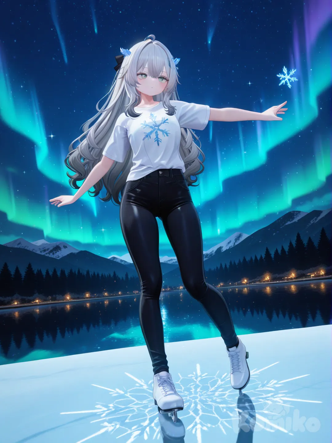 [3d-anime-style]Girls: 1
Hair: Ash gray with pastel tips
Action: Skating on a glowing, crystal lake
Scene: Aurora sky, snowflakes like prism shards, t-shirt, casual pants