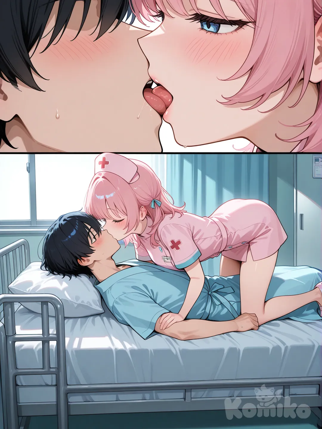 1boy, 1girl, 2people, kissing, blush, girl: as a nurse and leans in and kisses the patient(boy) wearing a nurse outfit pink and blue, boy: the patient laying in the bed and kisses the nurse in a blue outfit, closeup, full body, rim light, hospitable room