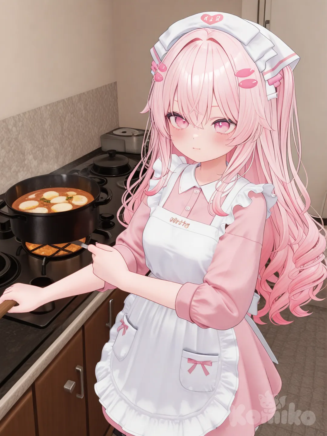 Action: Stirring a pot with concentration
Hair: Soft peach-pink
Eyes: Brown with a rosy tint
Clothes: Apron over casual clothes
Personality: Soft, sweet, patient, [3d-anime-style]
