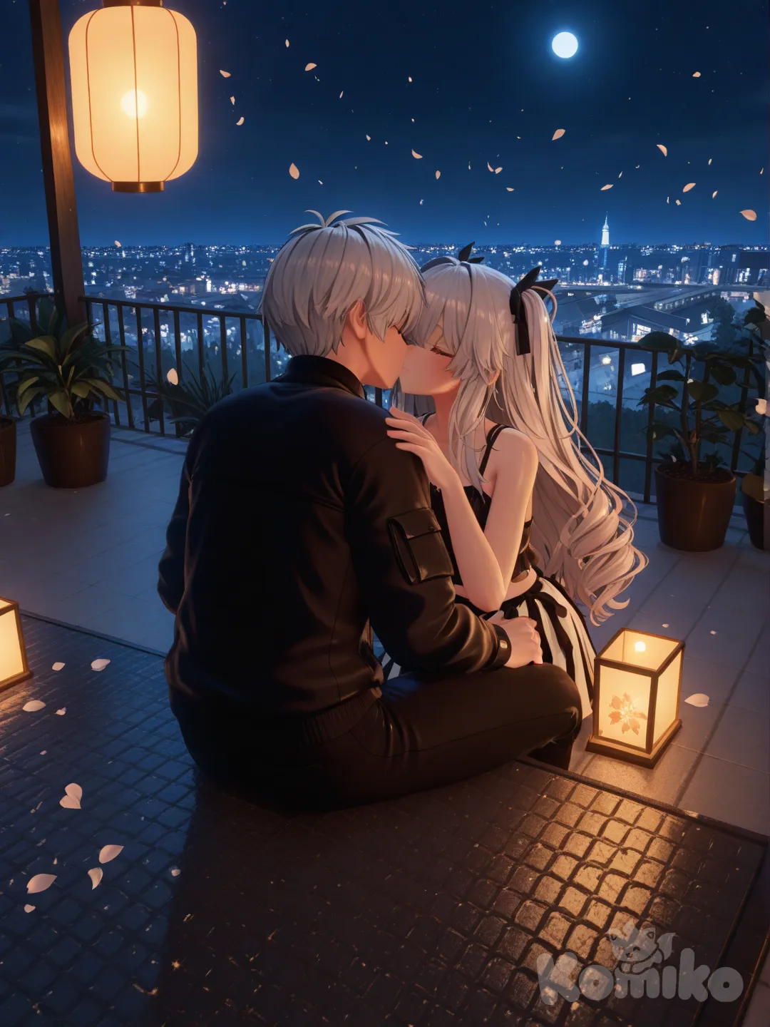 [3d-anime-style]Girls: 1; Boys: 1
Hair: Kaito = moonlit silver; Mika = rose gold
Action: Soft, lingering kiss that blooms into a chorus of glowing petals
Scene: Moonlit rooftop garden, lanterns swaying, city lights like distant stars, a gentle breeze carrying petals and a quiet, hopeful tempo