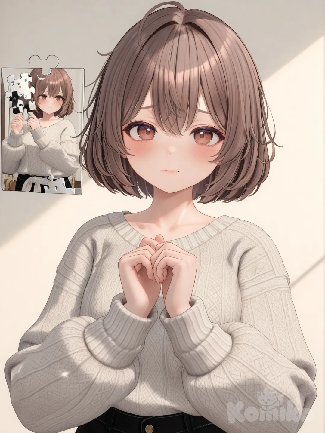 [3d-anime-style]Action: Putting together a jigsaw piece
Hair: Ash-brown, neat
Eyes: Reddish-brown
Clothes: Simple button-up shirt, soft sweater
Personality: Smart, shy, thoughtful