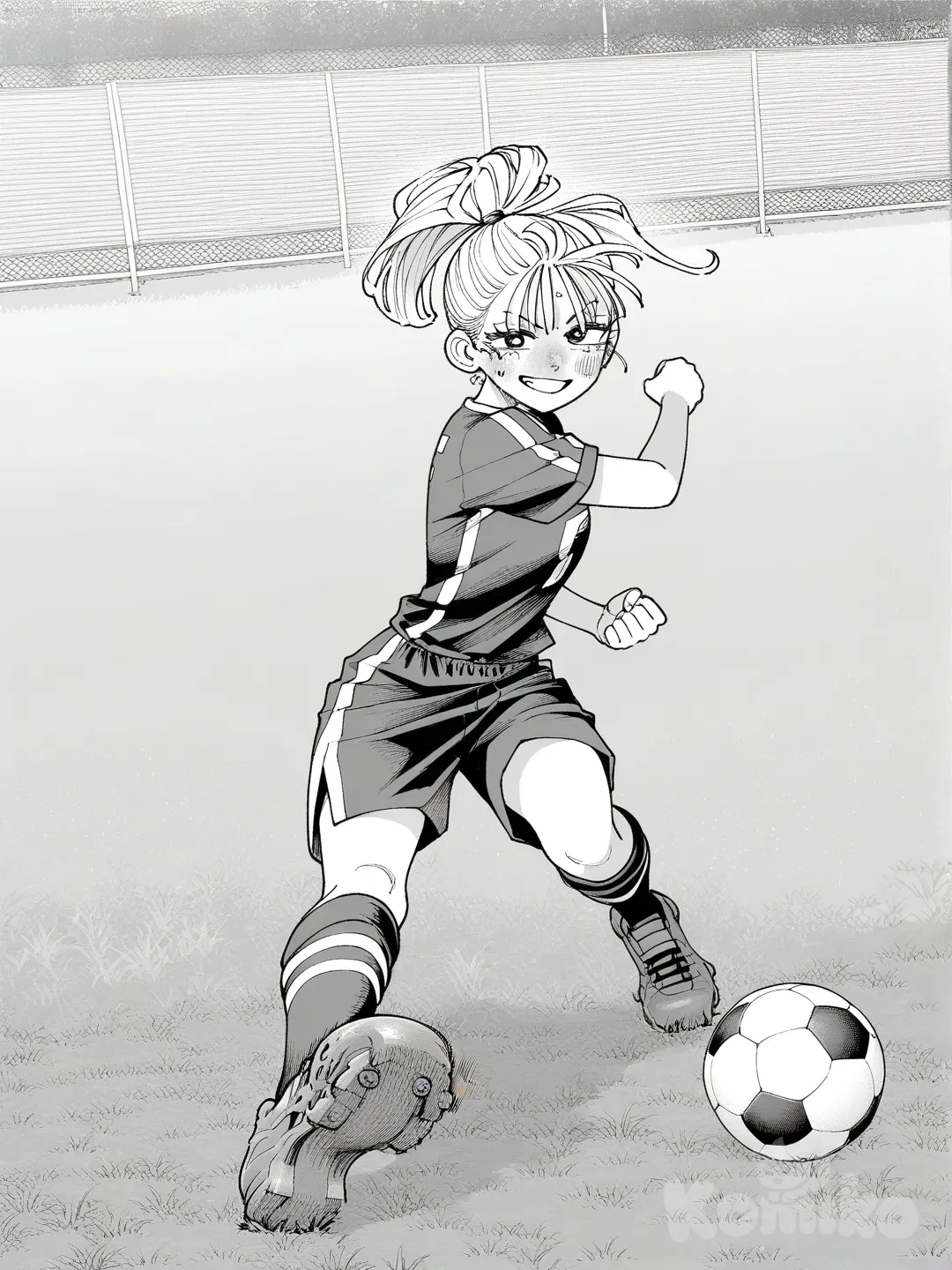 [grayscale-manga-style], 1girl, playing soccer, blush, smile, soccer uniform, soccer ball, blonde hair, high ponytail, full body, looking at viewer, closeup, rim light, soccer feild