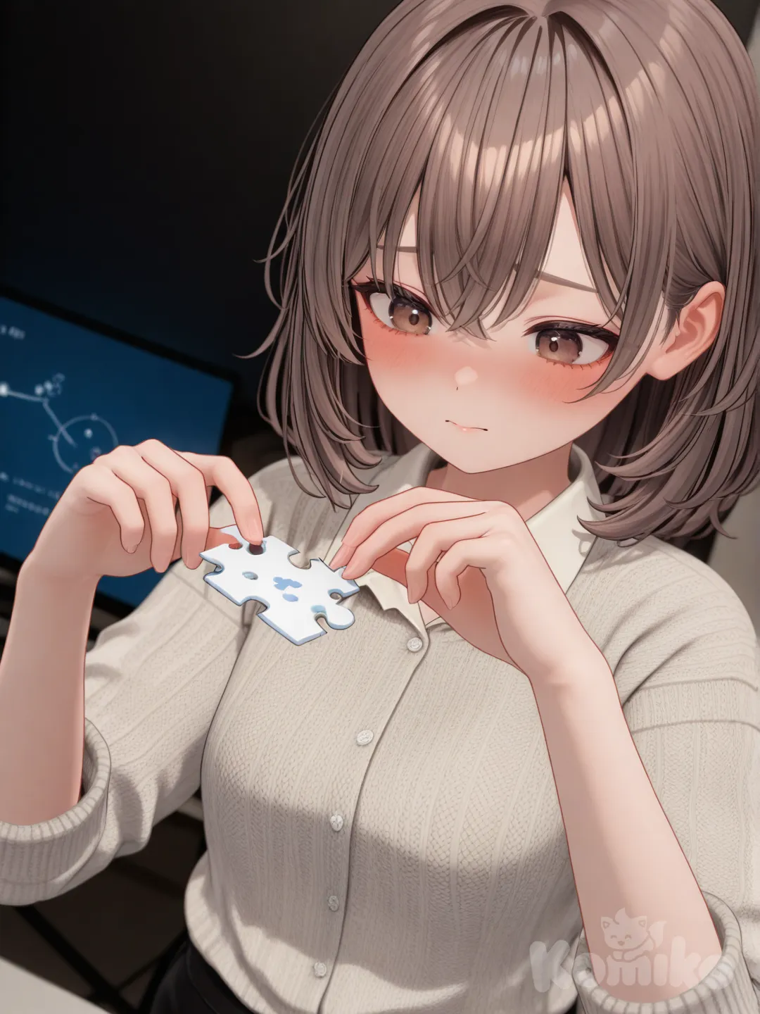 [3d-anime-style]Action: Putting together a jigsaw piece
Hair: Ash-brown, neat
Eyes: Reddish-brown
Clothes: Simple button-up shirt, soft sweater
Personality: Smart, shy, thoughtful