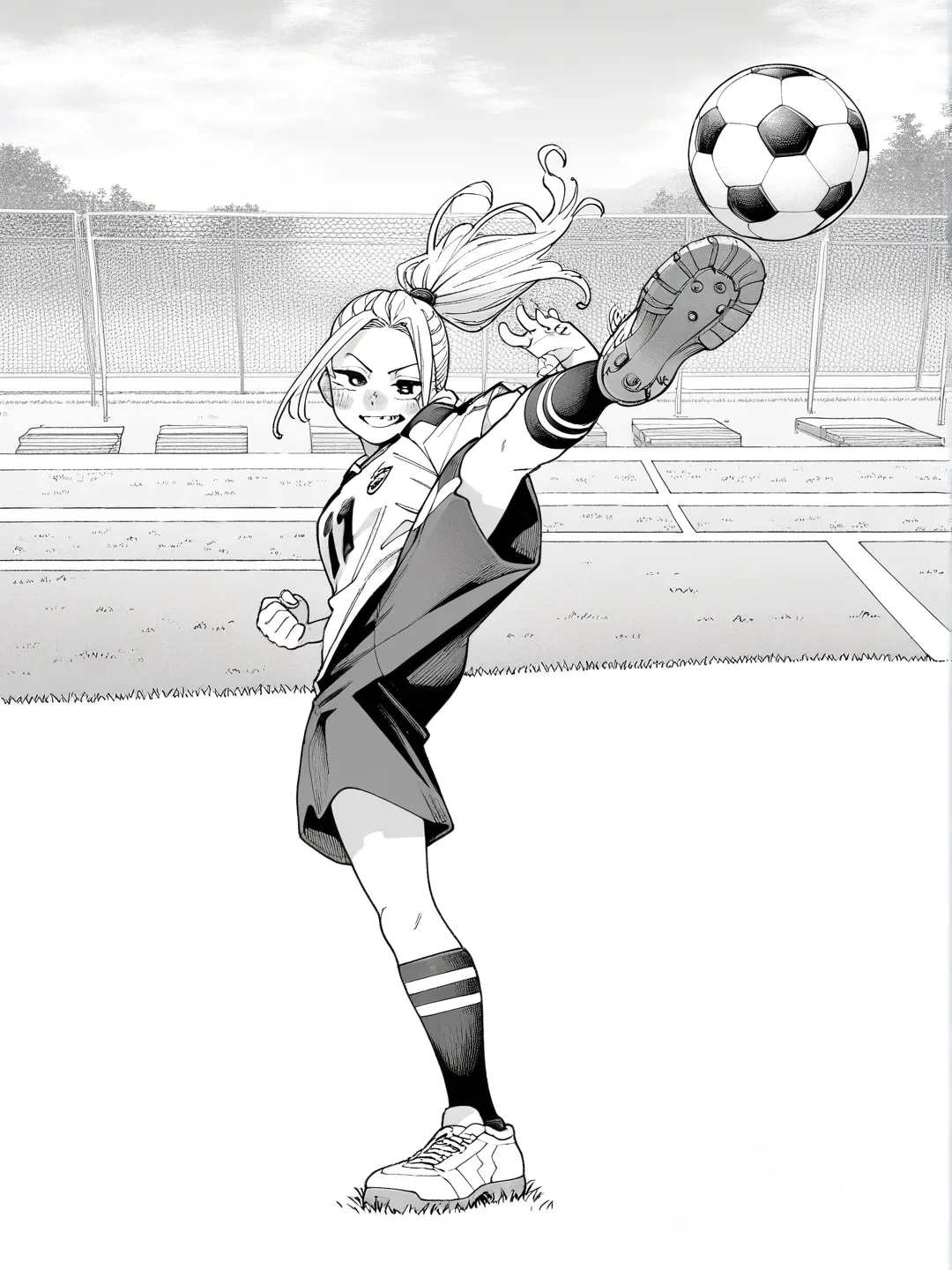 [grayscale-manga-style], 1girl, playing/kicking soccer ball, blush, smile, soccer uniform, soccer ball, blonde hair, high ponytail, full body, looking at viewer, closeup, rim light, soccer feild