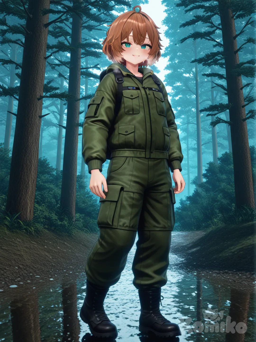 [3d-anime-style]Action: Taking a deep breath surrounded by trees
Hair: Dark ginger, short and tousled
Eyes: Green-blue
Clothes: Hiking jacket, cargo pants, boots
Personality: Adventurous, content, quiet
