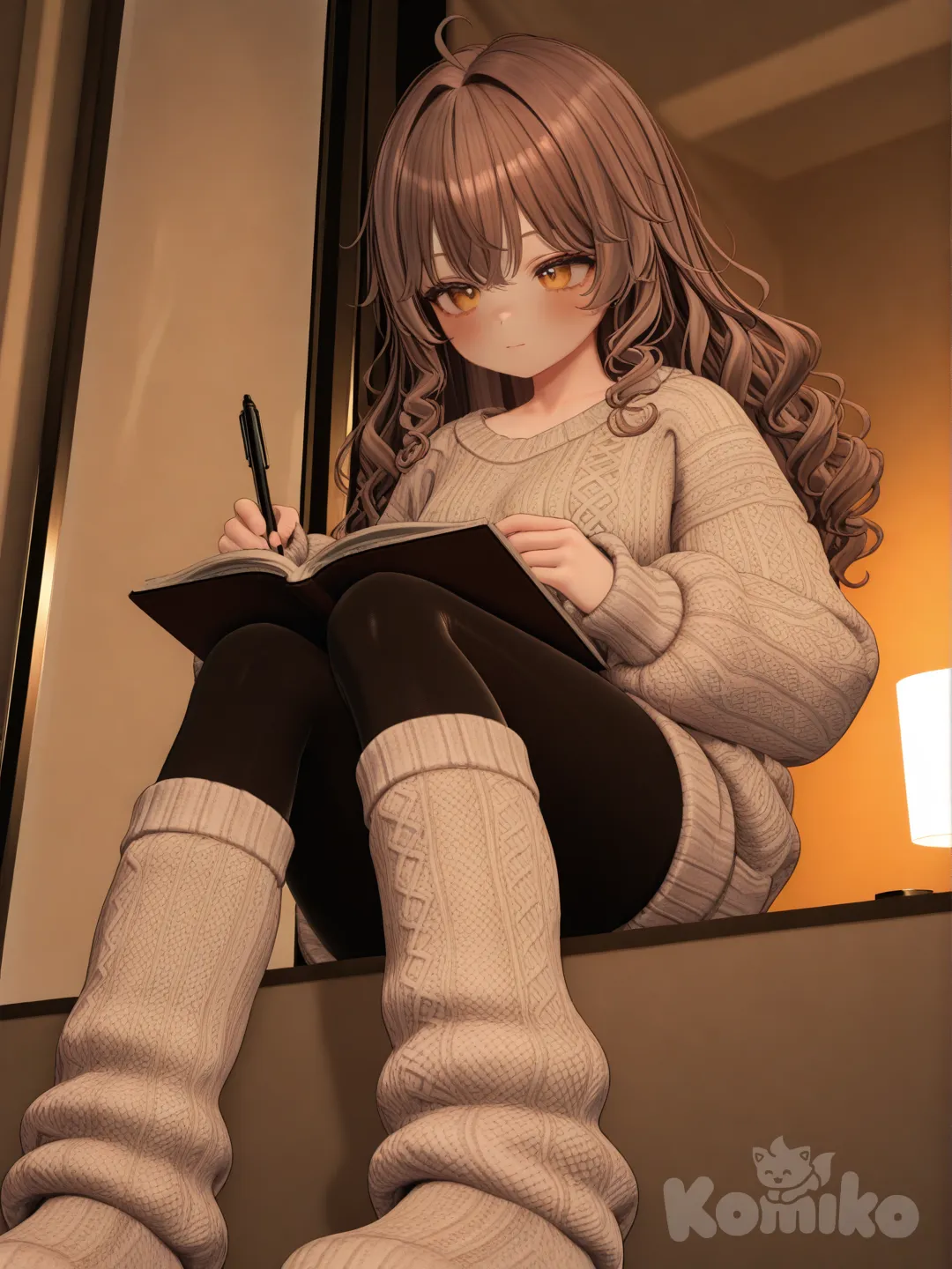 [3d-anime-style]Action: Writing in a pastel diary while sitting by a window
Hair: Chestnut brown with soft curls
Eyes: Warm honey-colored
Clothes: Cozy sweater, leggings, fluffy socks
Personality: Thoughtful, creative, easily touched by emotion