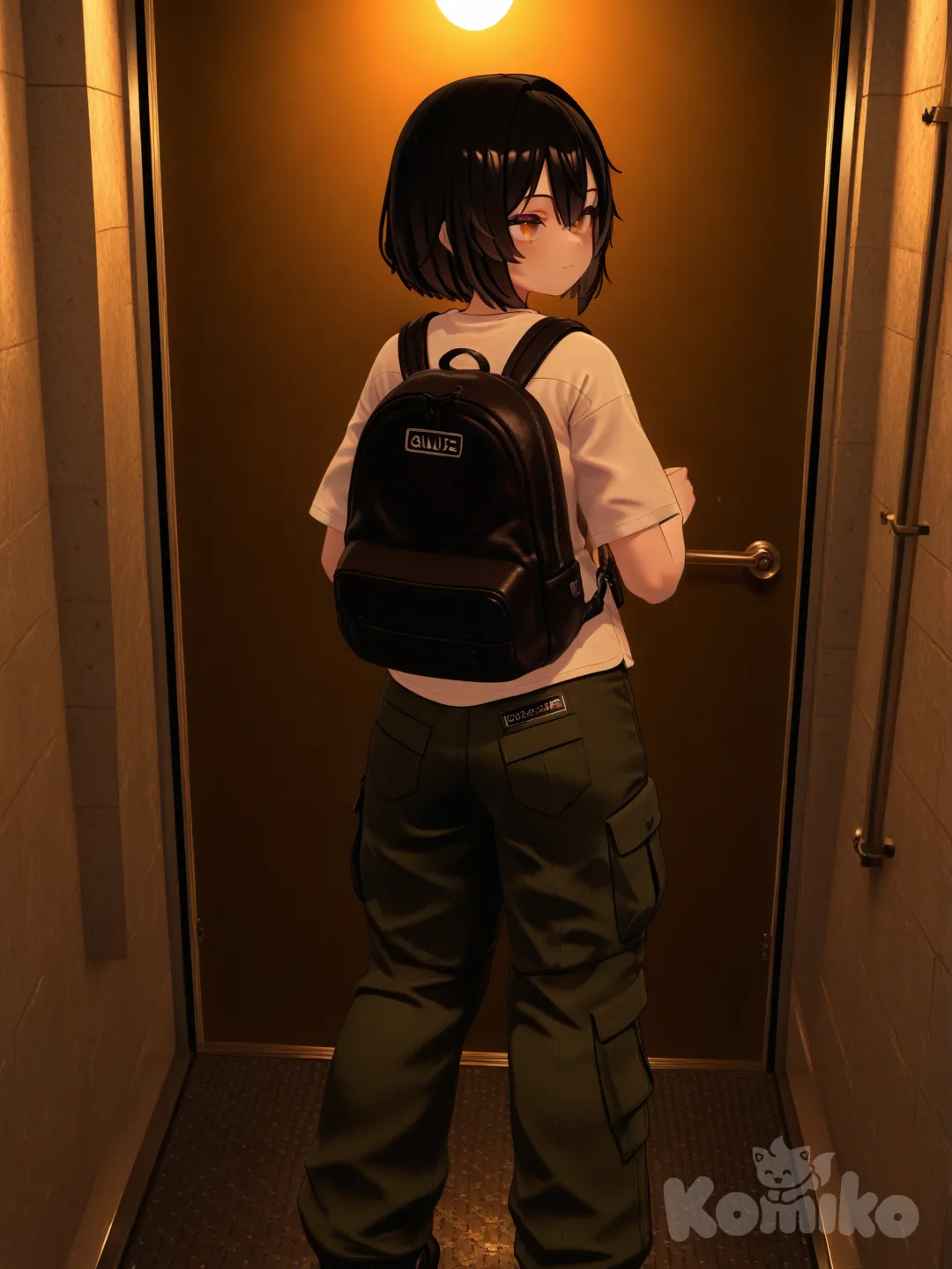 [3d-anime-style]1 girl – adjusting her backpack; cargo pants; subway entrance; amber eyes; black hair.