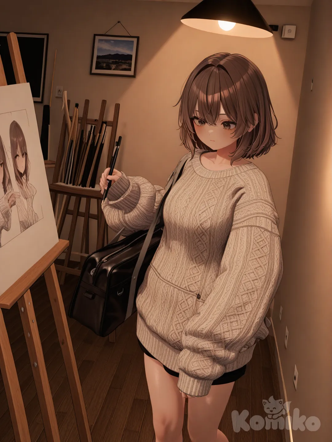 [3d-anime-style]1 girl – organizing her bag; oversized sweater; art club room; dark brown eyes; copper hair.