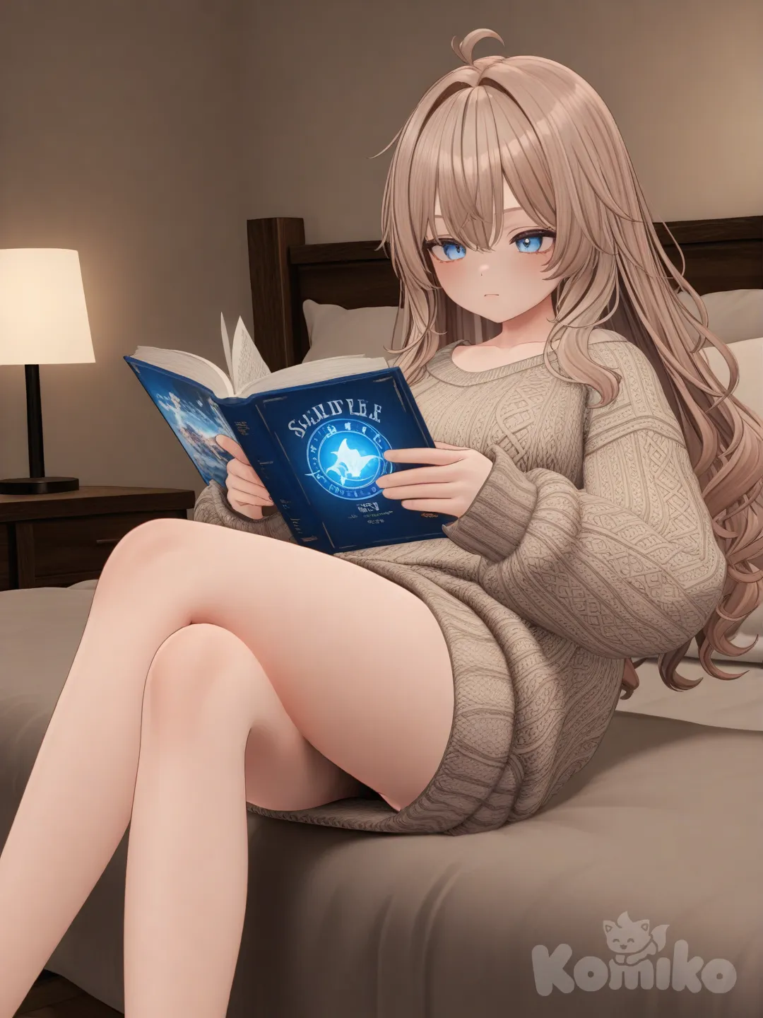 [3d-anime-style]1 girl – reading a fantasy book; oversized sweater; bedroom; blue eyes; light brown hair.