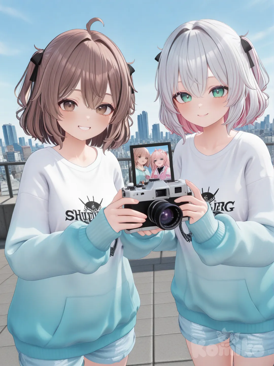 [3d-anime-style]Three girls taking Polaroid photos

Clothing: soft pastel streetwear

Scene: rooftop

Hair: pink, chestnut, silver-dyed

Eyes: lavender, brown, teal