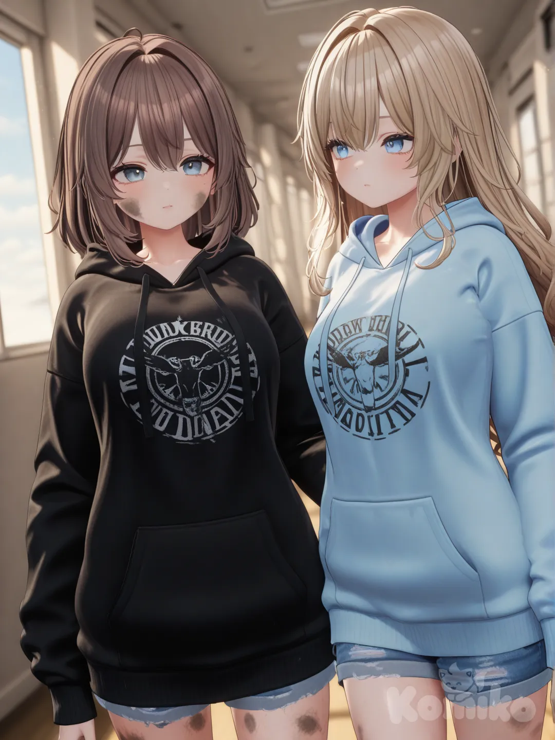 [3d-anime-style]2 girls – comparing hoodies; streetwear; in front of lockers; sky-blue eyes & hazel eyes; brown & dirty blonde hair.