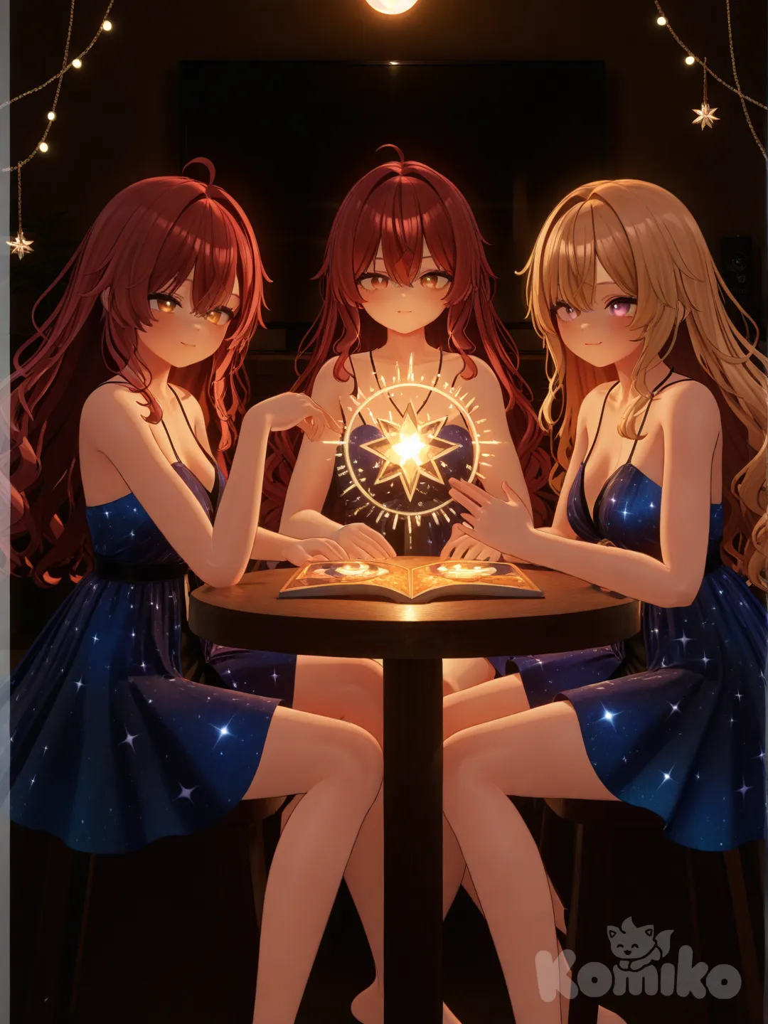 [3d-anime-style]Three girls reading tarot cards

Clothing: celestial-themed outfits

Scene: cozy room with fairy lights

Hair: black waves, honey blonde, copper red

Eyes: emerald, hazel, lilac
