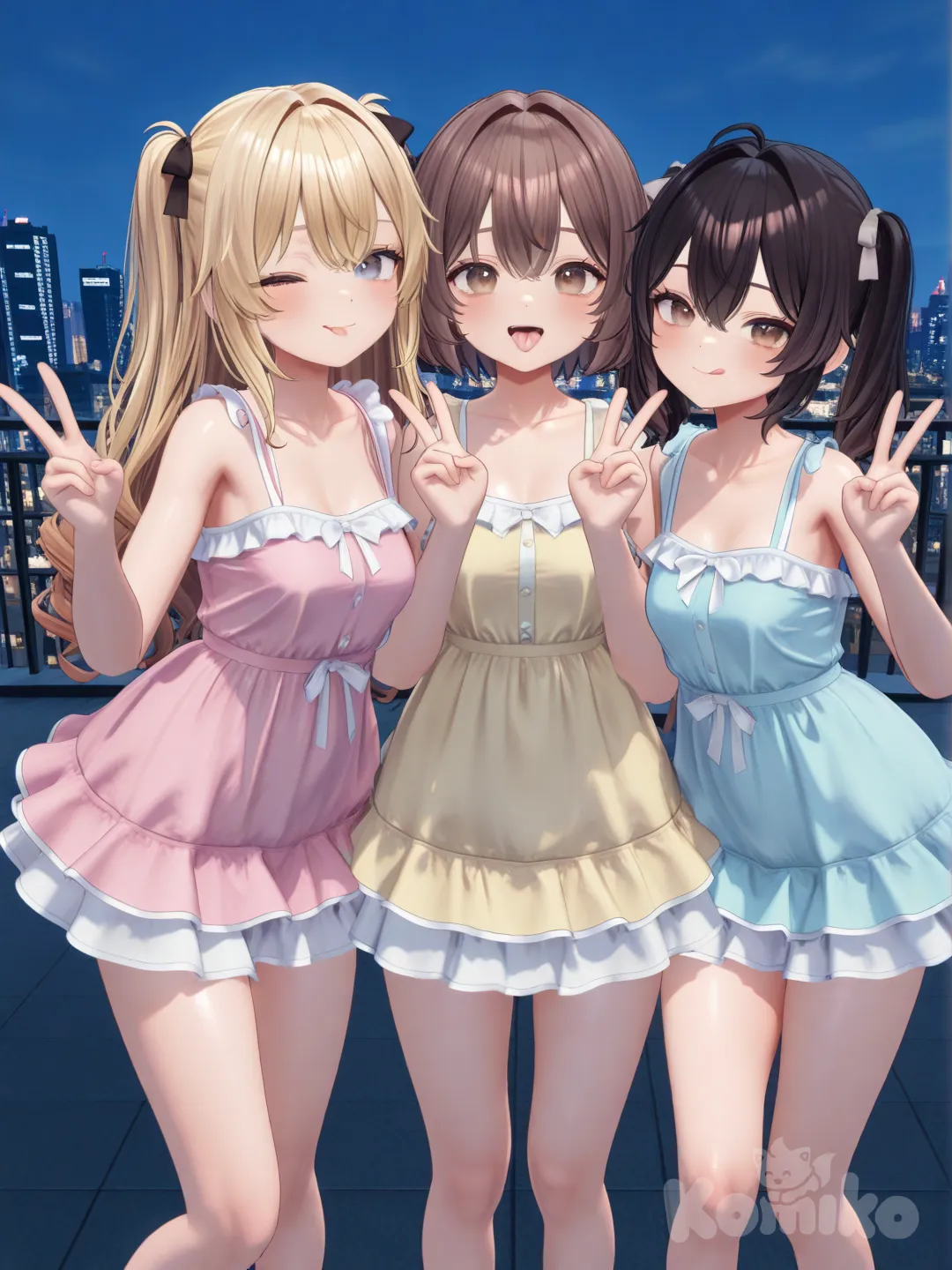[3d-anime-style]3 girls – taking a silly group picture; pastel outfits; rooftop; grey, brown, violet eyes; mixed hair.