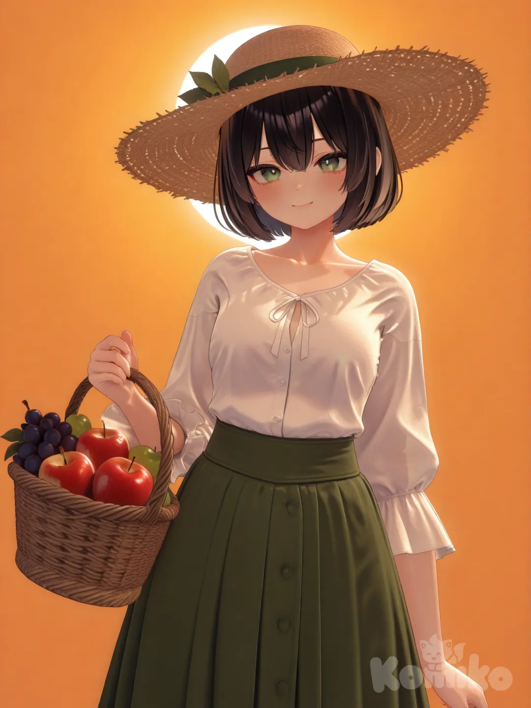 [3d-anime-style]Action: Holding a basket filled with fresh fruit
Hair: Black bob
Eyes: Olive green
Clothes: Sunhat, light blouse, skirt
Personality: Relaxed, gentle, wholesome