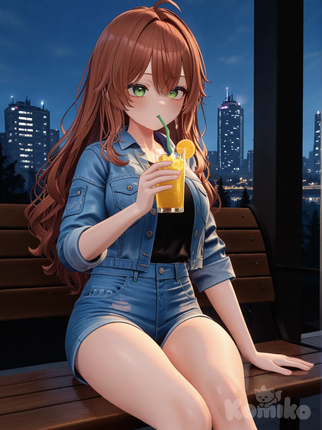 [3d-anime-style]1 girl – drinking iced lemonade; denim jacket; city bench; forest-green eyes; auburn hair.