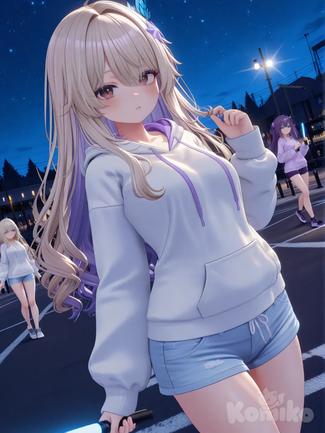 [3d-anime-style]Two girls twirling glow sticks

Clothing: comfy neon accents

Scene: nighttime empty parking lot

Hair: platinum blonde & dark violet

Eyes: coral brown & glacier blue
