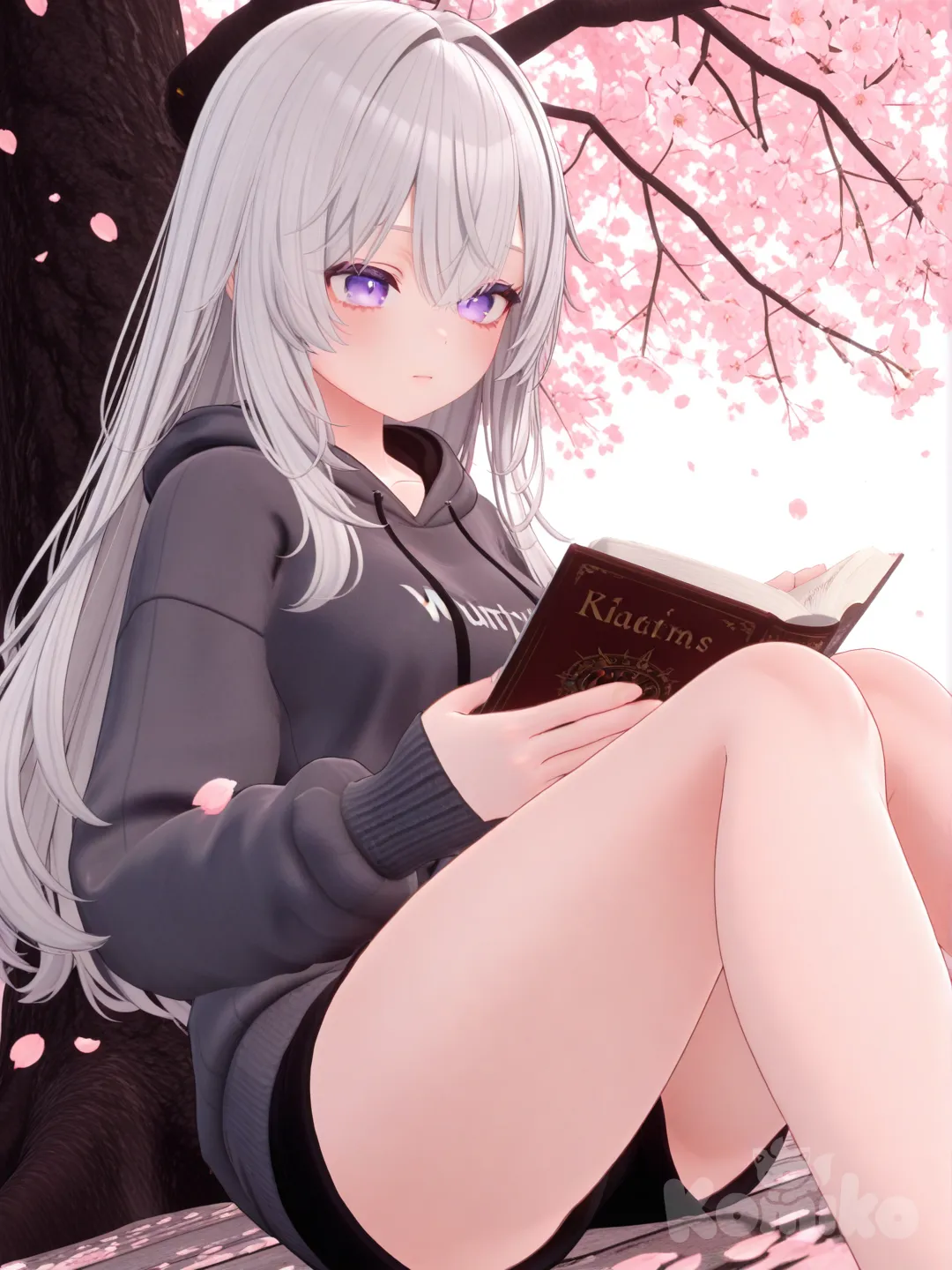 [3d-anime-style]One girl with violet eyes, straight silver hair, wearing a pastel hoodie, reading under a cherry blossom tree.