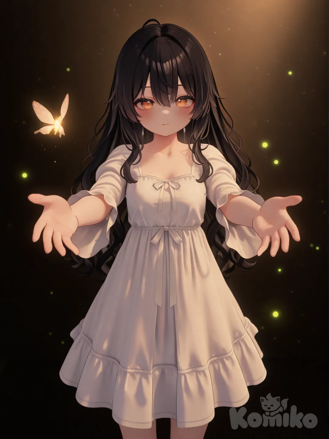 [3d-anime-style]One girl with golden brown eyes, wavy dark hair, wearing a flowy white dress, reaching out toward glowing fireflies.
