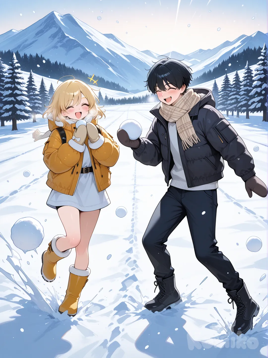 1boy, 1girl, 2people, having a snow ball fight, blush, laughing, winter snow gear (no snow pants), blonde hair, black hair, full body, rim light, sparkle, snowy landscape