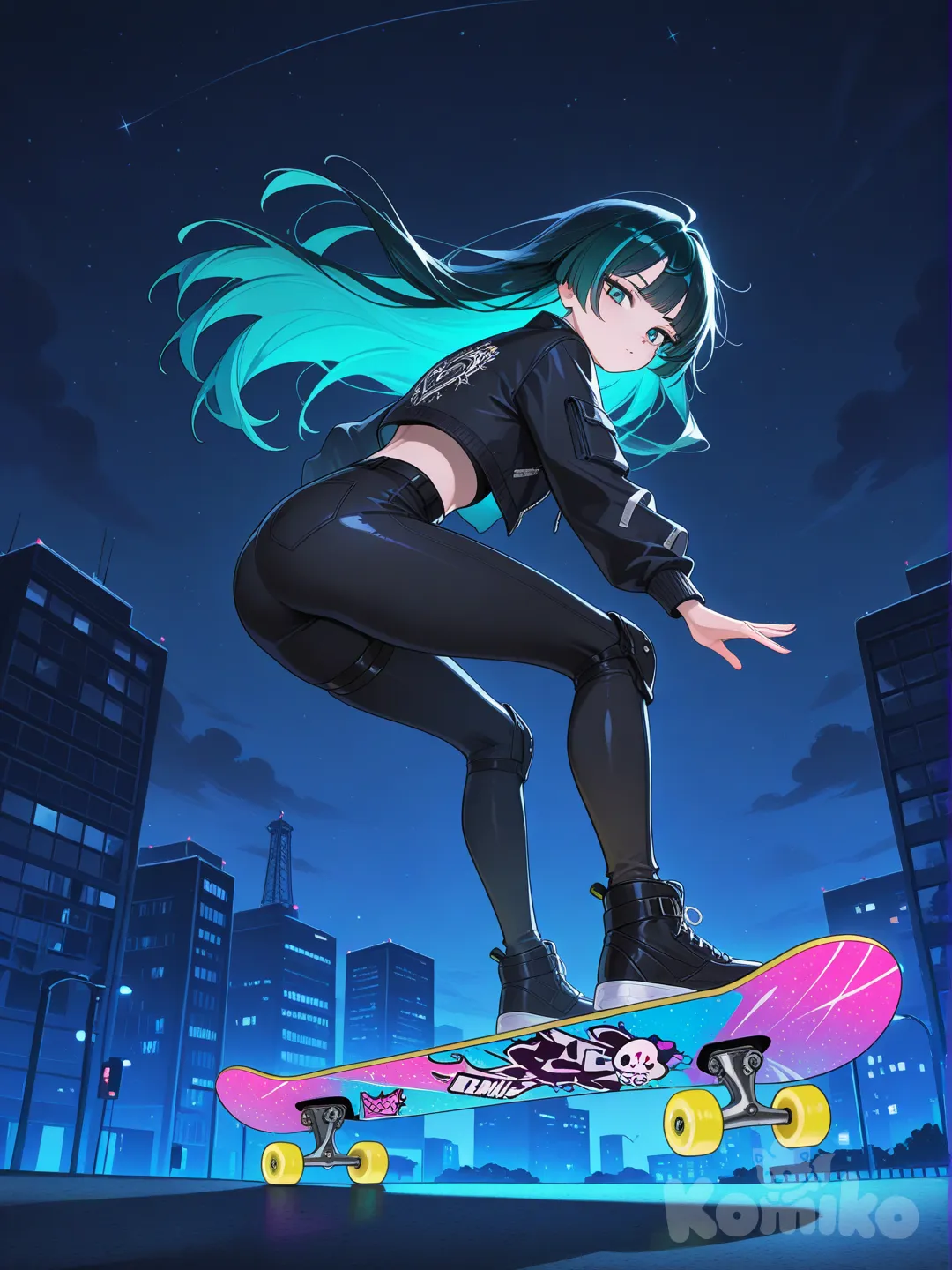 Appearance: Teal streaks in black hair, crop jacket, knee pads.
Action: Doing a trick on a glowing neon skateboard.