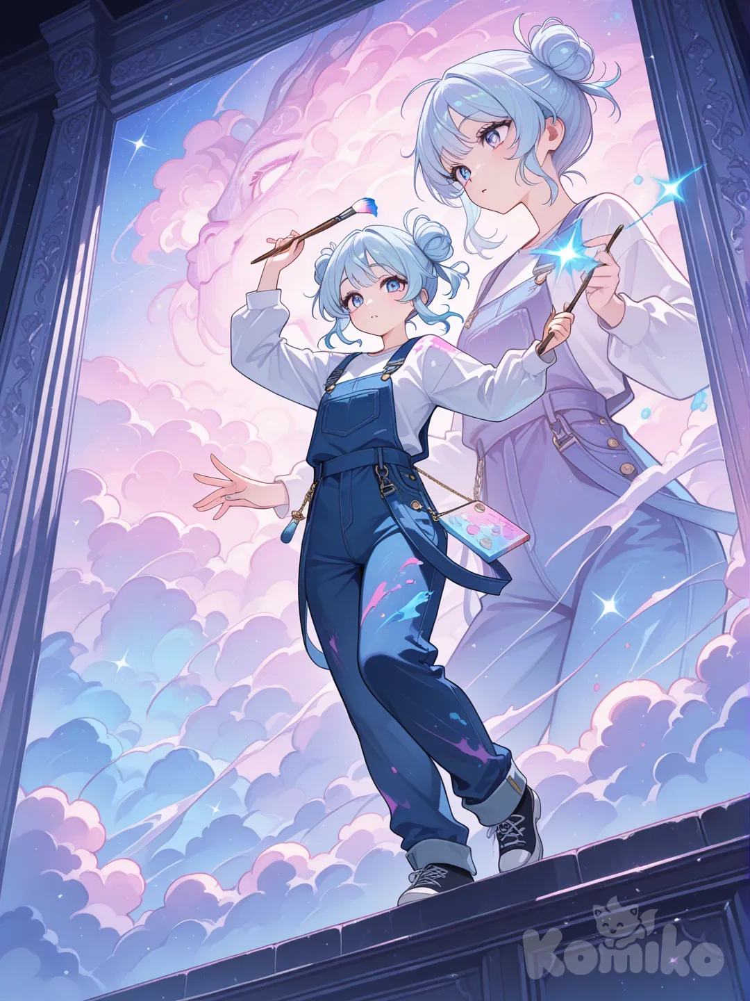 Appearance: Light blue hair in a messy bun, paint-splattered overalls.
Action: Painting a giant glowing sky mural that comes alive behind them.