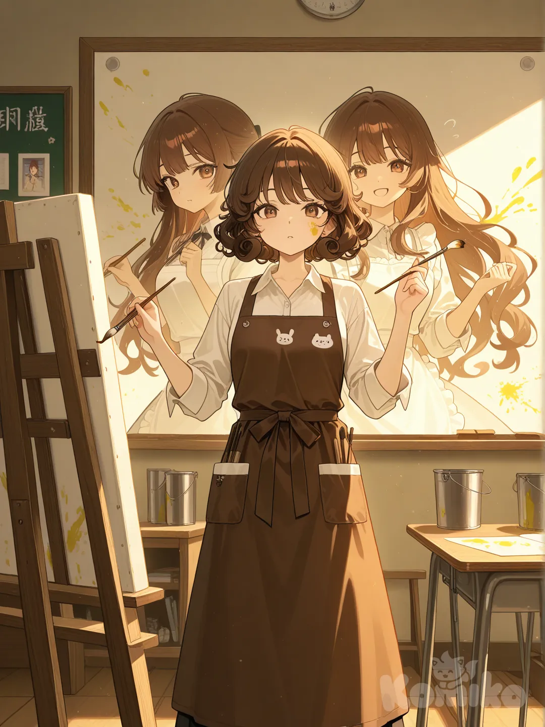 One girl with curly brown hair painting a giant mural in an art room.