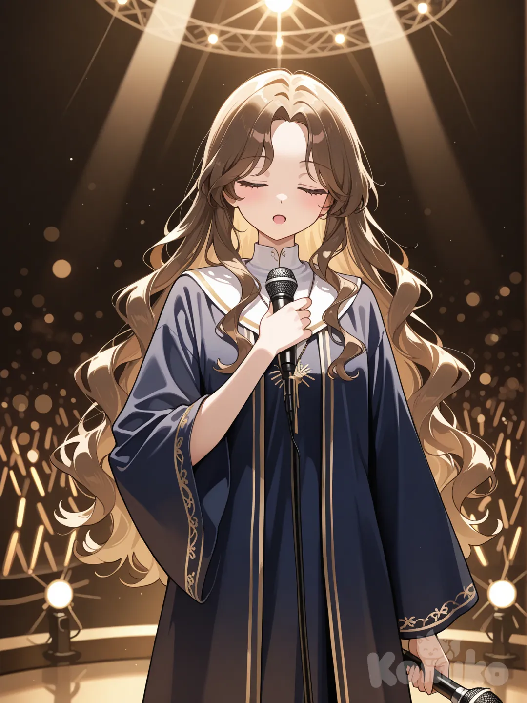 Girls: 1
Eye Color: Light blue
Hair: Long, soft brown hair with loose waves
Clothes: Navy choir robe with a white collar, subtle gold trim
Scene: A softly lit stage with glowing spotlights and blurred background lights, giving a dreamy concert atmosphere.
Action: She stands at the microphone, singing with her eyes closed, one hand over her heart — peaceful, graceful, angelic.