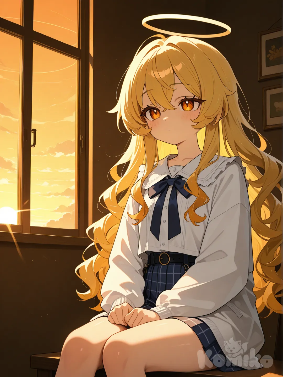 Appearance: Soft blonde waves, amber eyes, dewy skin.
Action: Sitting by a window as warm sunset light creates a halo around her.
