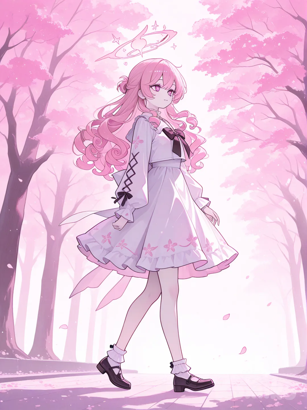 Appearance: Soft pink curls, pale skin, light rose eyes.
Action: Walking as cherry blossoms swirl around her like magical snow.