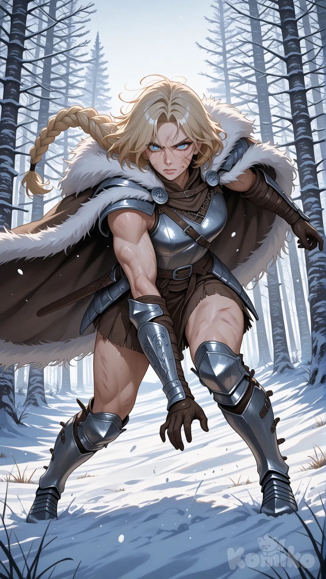 hyperrealistic epic portrait of a powerful Norse midgardian huntress warrior woman, full body medium shot, (muscular athletic feminine physique:1.3), (visible muscle definition:1.2), fierce intense expression, (face with scars and pores:1.2), (pale skin with subtle bruises and dirt:1.1), thick ash blonde hair in a practical braid with loose strands, (steel blue eyes:1.2), wearing functional worn leather and iron plate armor, fur cloak, in a snowy pine forest at dusk, dynamic paused pose, chiaroscuro lighting with warm directional light, hyperdetailed textures, photorealistic, epic composition, style of Greg Rutkowski and Magali Villeneuve, color palette of cold blues and grays with warm skin tones --ar 2:3 --style raw --stylize 200