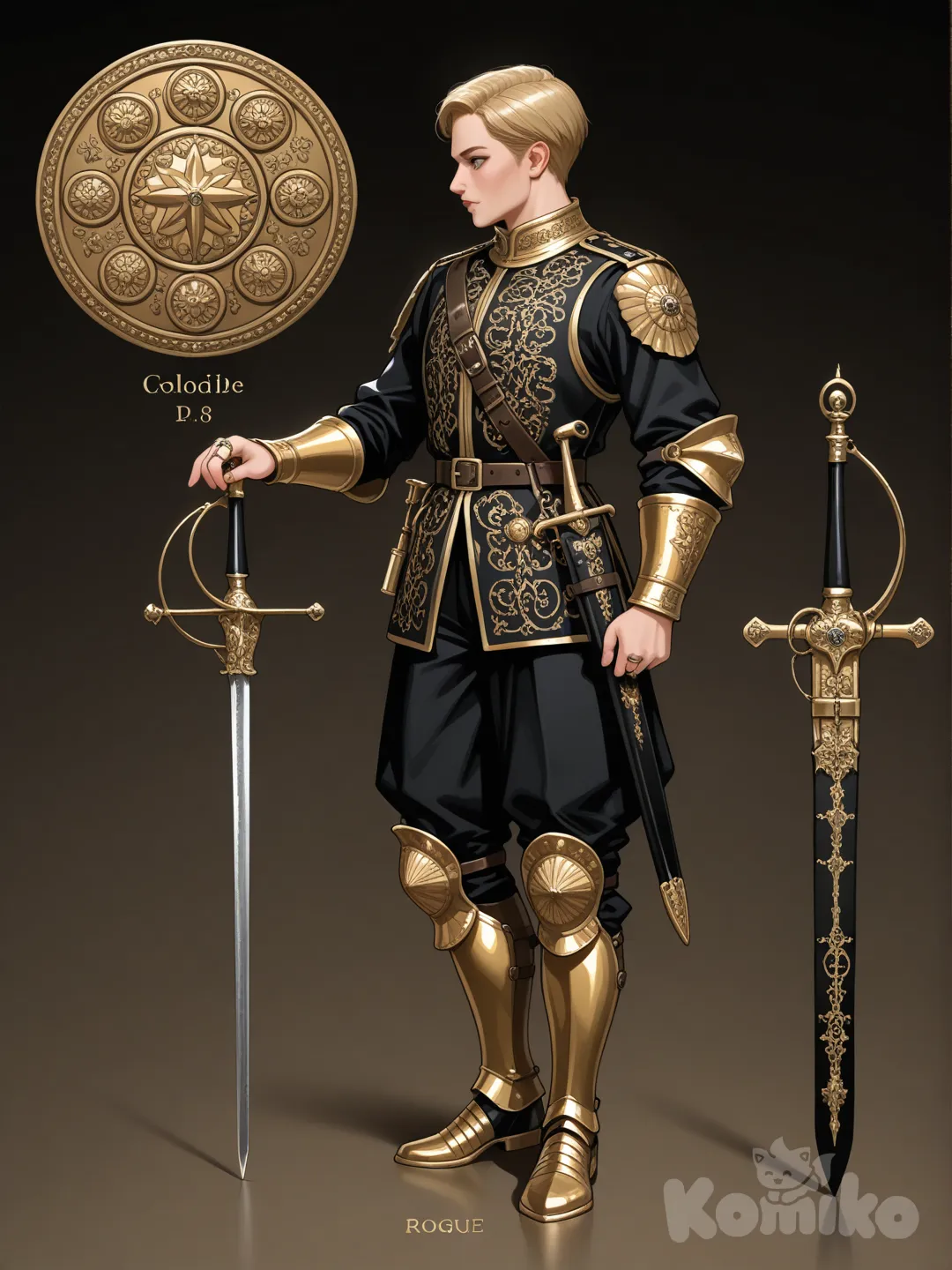 un estoque/espada clásico español de duelo (siglos XVI-XVII),

Hoja

· Longitud: 95 cm
· Material: Acero al carbono templado (56-58 HRC)
· Sección: Diamante hexagonal en la mitad fuerte, romboidal en la débil

· Características:

 · Estrecha y extremadamente rígida (6-8 mm en la base)
 · Con vaceo (canal central) en el primer tercio para ligereza
 · Punt reforzada y muy aguda con geometría de aguja
 · Filos cortantes solo en el último tercio, cerca de la punta

. Guarda

· Tipo: Guarnición completa de lazo español evolucionada
 · Gavilanes: Arqueados hacia la hoja, formando una "S" estilizada
 · Aros: Dos aros protectores laterales (8 y 10 cm diámetro)
 · Puente: Arco adicional que conecta gavilanes con aros
 · Cazoleta: Semiesférica, con perforaciones decorativas (rosetas)
 · Espadín: Anillo protector para el dedo índice

. Empuñadura

· Longitud: 12 cm
· Material: Madera de ébano con torsión de alambre de latón
 · Forma: Ovalada, con ligera curvatura anatómica
 · Arriaz: Con pestañas para proteger nudillos
 · Pomo: Periforme (en forma de pera) de acero, compensando peso

. Decoración y Marca

· Vaceo de la hoja: Grabado con el lema "Vade Retro" (Retrocede) en letras capitales
· Cazoleta: Calados con motivos de roleos vegetales estilizados
· Aro principal: Incrustación de oro formando las columnas de Hércules
· Marca del fabricante: Punzón "TOLEDO" junto a la guarda

Diseño de Vaina

· Material: Cuero negro endurecido con puntera y boca de metal
· Brocal: Acero cincelado con motivos a juego
· Porta-cuchillo: Incluye espacio para cuchillo de misericordia
· Sistema de sujeción: Ganchos para cinturón o banda diagonal, full body, from above, side profile photo, light, night, gradient background