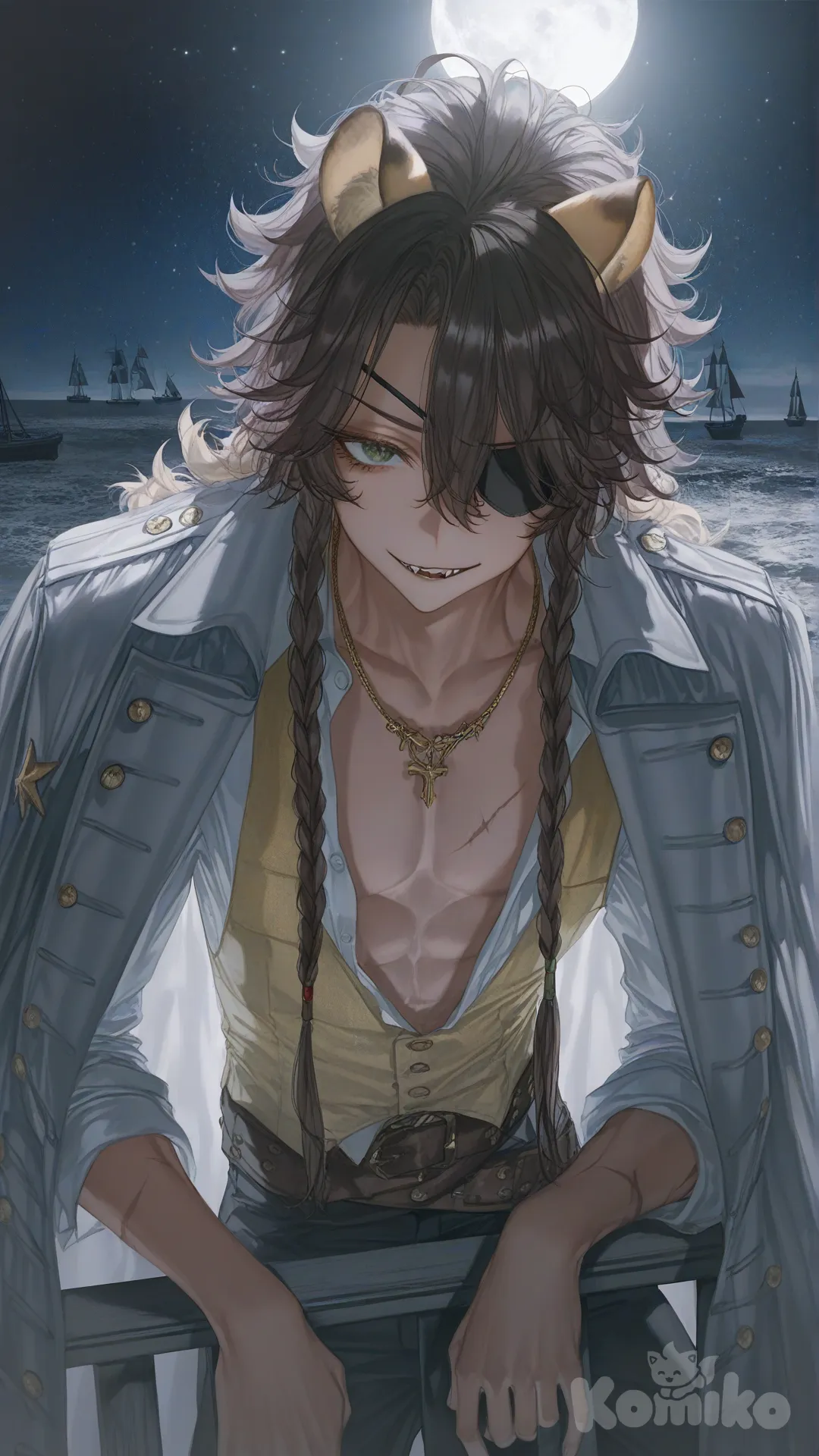 ‎(high detail:1.3), digital anime illustration, Leona Kingscholar (Twisted Wonderland), pirate captain, halloween event outfit, male focus, upper body portrait.
‎Physical features: dark tanned skin, athletic build, defined chest abs, broad shoulders, wild dark brown hair, lion ears on head, braided sidelocks, sharp facial features, arrogant smirk, sharp fangs visible, (distinctive vertical scar over left eye:1.2), black eyepatch on left eye, right eye intense feline green, slit pupils.
‎Outfit details: open white poet shirt, torn sleeves, mustard yellow vest, dark grey captain coat, lapels decorated with coral starfish and shells, dark tricorn hat with marine ornaments, leather cross belts, gold necklaces.
‎Setting & Mood: leaning on ship railing, wooden deck, night time, starry sky, dramatic moonlight, strong shadows, mysterious atmosphere, dominant pose.
‎, [soft-light-illustration-style]