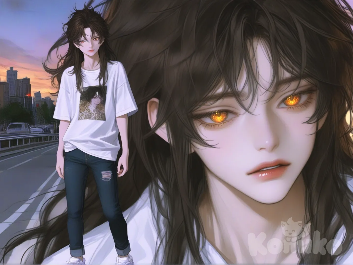 digital painting, concept art of an androgynous young man. Athletic, slender build. Sharp, delicate facial features with an ethereal beauty. Chaotic, wild, long pure white hair with dark brown roots, styled dramatically like Madara Uchiha's. Piercing, large, glowing golden eyes (amber gold). He wears a loose-fitting, flowy white button-up shirt, slim-fit dark blue jeans, and pristine white minimalist sneakers. Dynamic pose with wind subtly moving his hair and shirt, standing in an urban environment at dusk. Dramatic cinematic backlighting rimming his white hair, combined with a soft key light on his face to highlight his golden eyes. Mysterious and elegant aura. Highly eyes, hair, and fabric textures. Style of next-gen anime mixed with realistic digital painting, trending on ArtStation, Unreal Engine 5 render., [semi-realistic-portrait-style]