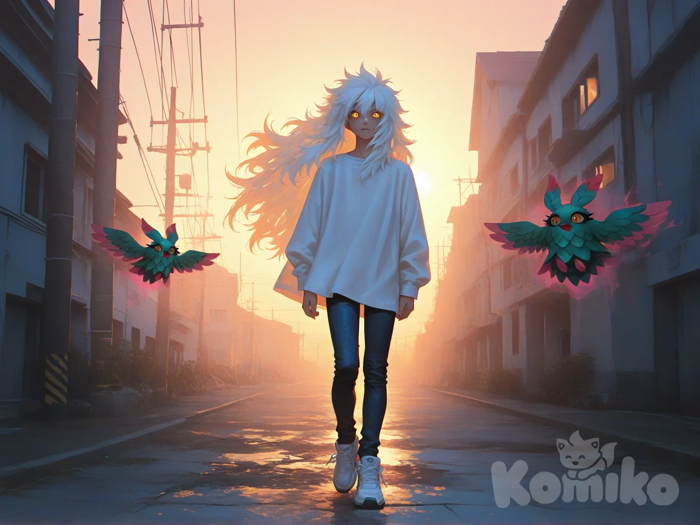 digital painting, concept art of an androgynous young man. Athletic, slender build. Sharp, delicate facial features with an ethereal beauty. Chaotic, wild, long pure white hair, styled dramatically like Madara Uchiha's. Piercing, large, glowing golden eyes (amber gold). He wears a loose-fitting, flowy white button-up shirt, slim-fit dark blue jeans, and pristine white minimalist sneakers. Dynamic pose with wind subtly moving his hair and shirt, standing in an urban environment at dusk. Dramatic cinematic backlighting rimming his white hair, combined with a soft key light on his face to highlight his golden eyes. Mysterious and elegant aura. Highly eyes, hair, and fabric textures. Style of next-gen anime mixed with realistic digital painting, trending on ArtStation, Unreal Engine 5 render., [sensual-glossy-style]
