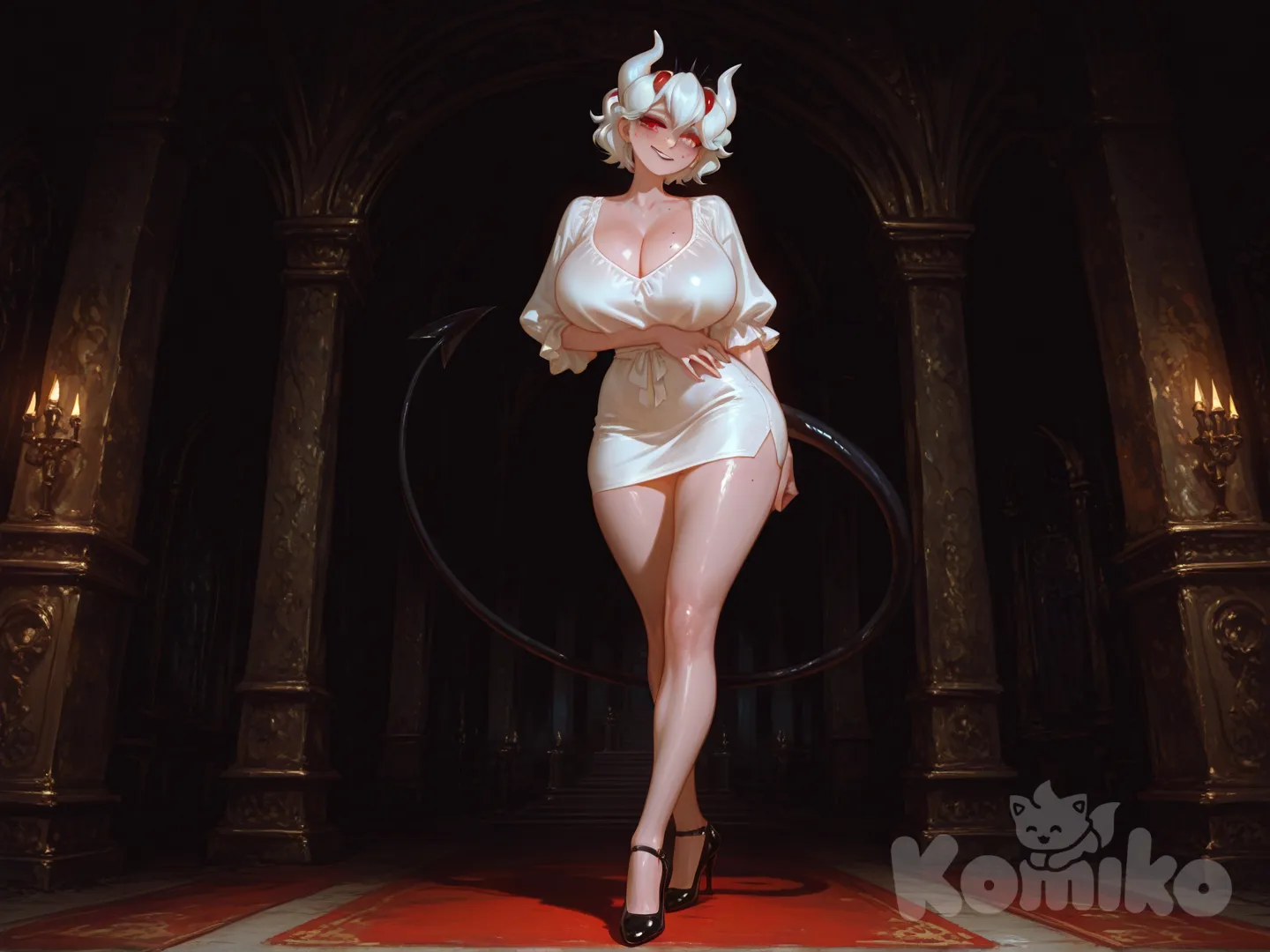 Ultra-1girl, full body portrait (Beelzebub from Helltaker), anatomical . Her face features a refined bone structure with high, sharp cheekbones and a slender jaw. Her porcelain-pale skin has a satin finish, highlighted by small reddish freckles below her eyes. Her impressive crimson-red eyes with vertical pupils hold a playful, superior gaze, and her lips are parted in a confident, teasing half-smile.

Her striking (white hair) is styled in a jagged, asymmetrical bob. Two rigid crimson locks protrude from her fringe like stylized fly antennas. Elegant ivory-white horns curve back from her temples, complemented by a crown of smaller, aggressive blood-black spikes at the forefront of her skull.

Her body boasts an extremely voluptuous, mature figure with a dramatic hourglass silhouette. The satin sheen of her skin accentuates every curve: enormous, heavy breasts, a markedly narrow waist, and extremely wide, rounded hips and large, firm buttocks. A thin, flexible black tail with a sharp arrow tip completes her form. A small dark mole is visible on her lower left pelvic fold.

Dynamic pose, anatomical focus. She wears a white, elegant short skirt and blouse set, high heels

Dramatic chiaroscuro lighting sculpts her form against a backdrop of an opulent, ruined Gothic throne room. Frontal three-quarter view, glossy sensual style, intricate details, 8K quality., cinematic lighting, stage light, twilight, [sensual-glossy-style], front profile photo, headshot.

La blusa deja ver el contorno de sus pechos y clavícula.