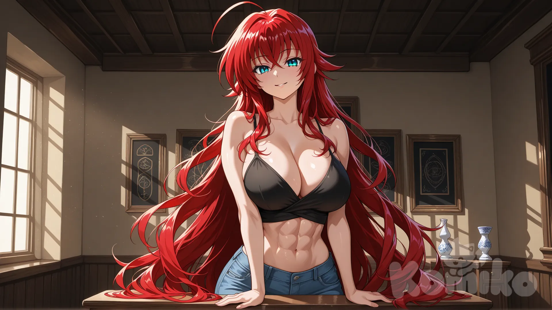 A masterful screencap-style illustration of Rias Gremory, characterized by the intense, vibrant colors and hyper-skin rendering (glows, subtle shadows) signature of the T-Rex Studio animation style.

Rias Gremory reimagined as a confident woman in her early 30s. A toned, athletic figure. She has defined abdominal muscles and arm strength, yet retains her character's classic, voluptuous curves (generous bust, wide hips).Porcelain, flawless skin with glowing highlights. Striking crimson red hair that falls in long, heavy waves past her hips. Eyes are a sharp, crystalline blue. Her expression is a mix of mature confidence and a subtle, knowing smile.

The luxurious study room of the Occult Research Club. Soft, dramatic lighting streams through a window, creating deep shadows and bright highlights that accentuate her form and the room's details.

· Pose: Leaning casually against a grand desk, one hand resting on its surface. Her posture is relaxed but poised, showcasing her toned physique and confident aura.

· Atmosphere: A mood of sophisticated power and sensual elegance. The focus is on the rendering of her skin, hair, and the contrast of light and shadow.