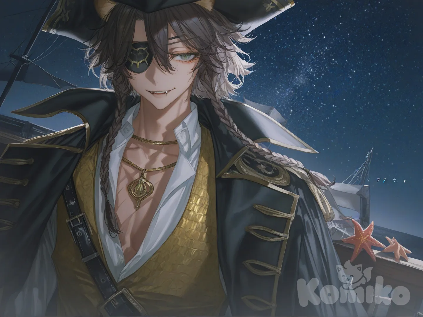 ‎(high detail:1.3), digital anime illustration, Leona Kingscholar (Twisted Wonderland), pirate captain, halloween event outfit, male focus, upper body portrait.
‎Physical features: dark tanned skin, athletic build, defined chest abs, broad shoulders, wild dark brown hair, lion ears on head, braided sidelocks, sharp facial features, arrogant smirk, sharp fangs visible, (distinctive vertical scar over left eye:1.2), black eyepatch on left eye, right eye intense feline green, slit pupils.
‎Outfit details: open white poet shirt, torn sleeves, mustard yellow vest, dark grey captain coat, lapels decorated with coral starfish and shells, dark tricorn hat with marine ornaments, leather cross belts, gold necklaces.
‎Setting & Mood: leaning on ship railing, wooden deck, night time, starry sky, dramatic moonlight, strong shadows, mysterious atmosphere, dominant pose.
‎, [soft-light-illustration-style]