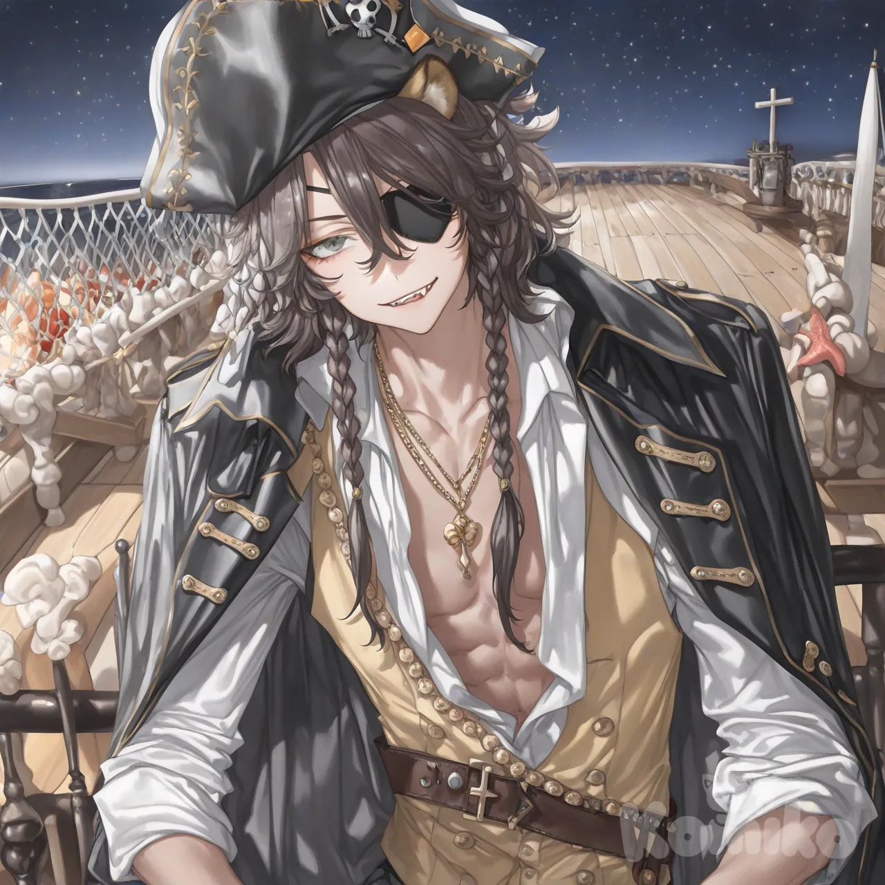‎(high detail:1.3), digital anime illustration, Leona Kingscholar (Twisted Wonderland), pirate captain, halloween event outfit, male focus, upper body portrait.
‎Physical features: dark tanned skin, athletic build, defined chest abs, broad shoulders, wild dark brown hair, lion ears on head, braided sidelocks, sharp facial features, arrogant smirk, sharp fangs visible, (distinctive vertical scar over left eye:1.2), black eyepatch on left eye, right eye intense feline green, slit pupils.
‎Outfit details: open white poet shirt, torn sleeves, mustard yellow vest, dark grey captain coat, lapels decorated with coral starfish and shells, dark tricorn hat with marine ornaments, leather cross belts, gold necklaces.
‎Setting & Mood: leaning on ship railing, wooden deck, night time, starry sky, dramatic moonlight, strong shadows, mysterious atmosphere, dominant pose.
‎, [soft-light-illustration-style]