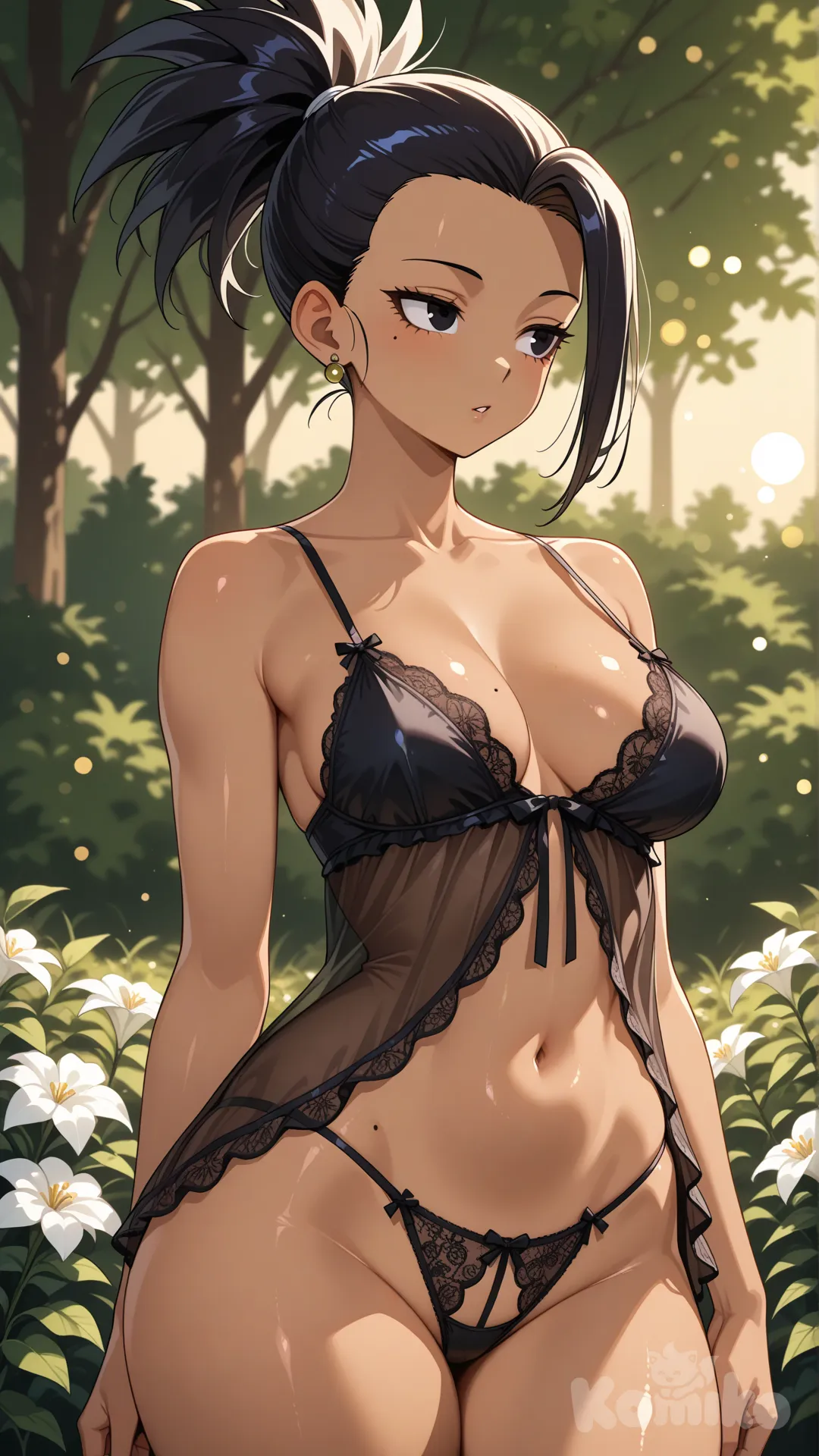 Vista frontal de tres cuartos, estilo sensual, detalles intrincados, calidad 8K. Ultra-1girl, Kale dragon ball. ostenta una (figura extremadamente voluptuosa y madura con una complexión atlética), con una dramática silueta de reloj de arena.

Su piel es bronceada de tono oliva que se marca por un brillo cálido que acentúa cada curva: (pechos moderados), (cintura marcadamente estrecha), (caderas extremadamente anchas y redondeadas), (glúteos firmes), su figura se complementa con pequeño (lunar oscuro visible en el pliegue pélvico inferior izquierdo).

Está viste un conjunto íntimo que incluye un impresionante top tipo babydoll y bragas sin entrepierna., looking away, closeup, garden, front profile photo, depth of field