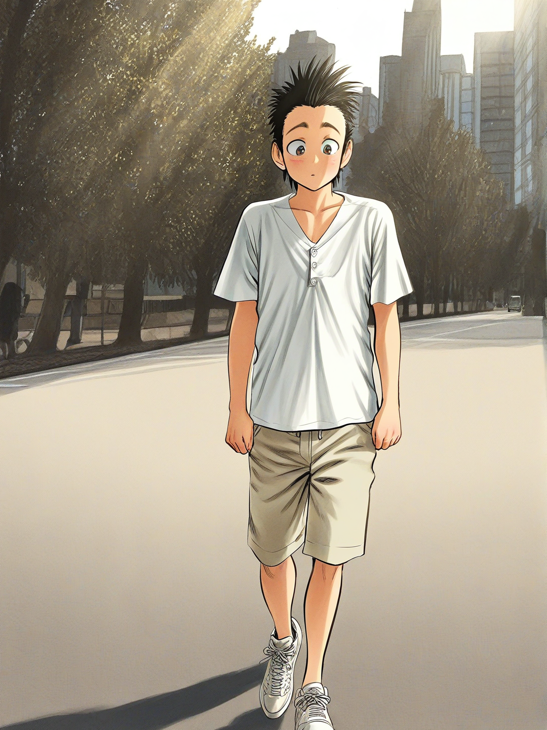 [vivid-anime-pro-style], 1boy, Anime style, highly full body shot. Gus, 19-year-old young man, 1.59 m tall, slim but slightly chubby soft belly, short neat black hair, shy but gentle face, soft brown eyes, mild and kind expression (not sad), walking casually down a quiet city street during the day. He is wearing a light blue short-sleeve button-up shirt slightly loose and beige khaki shorts, simple sneakers. Soft natural sunlight, realistic proportions, ordinary and sweet appearance, peaceful atmosphere, full body visible from head to toe, middle-aged, slim, short, black hair, brown eyes, tan skin, t-shirt