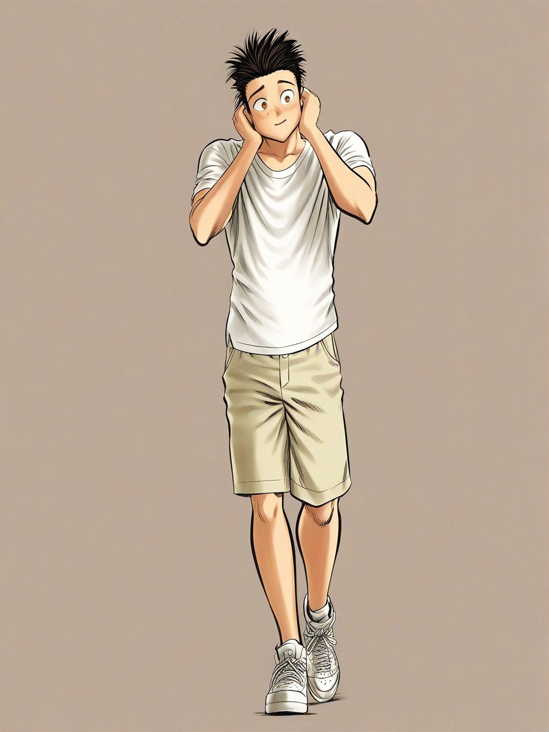 [vivid-anime-pro-style], 1boy, Anime style, highly full body shot. Gus, 19-year-old young man, 1.59 m tall, slim but slightly chubby soft belly, short neat black hair, shy but gentle face, soft brown eyes, mild and kind expression (not sad), walking casually down a quiet city street during the day. He is wearing a light blue short-sleeve button-up shirt slightly loose and beige khaki shorts, simple sneakers. Soft natural sunlight, realistic proportions, ordinary and sweet appearance, peaceful atmosphere, full body visible from head to toe, middle-aged, slim, short, black hair, brown eyes, tan skin, t-shirt