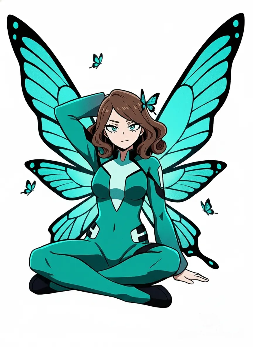 <elora-hitashi-GLb4>, left arm is bent, with the hand resting behind the head, while its right arm supports the body on the ground. The legs are folded beneath the body, with the left knee bent sharply and the right leg tucked under