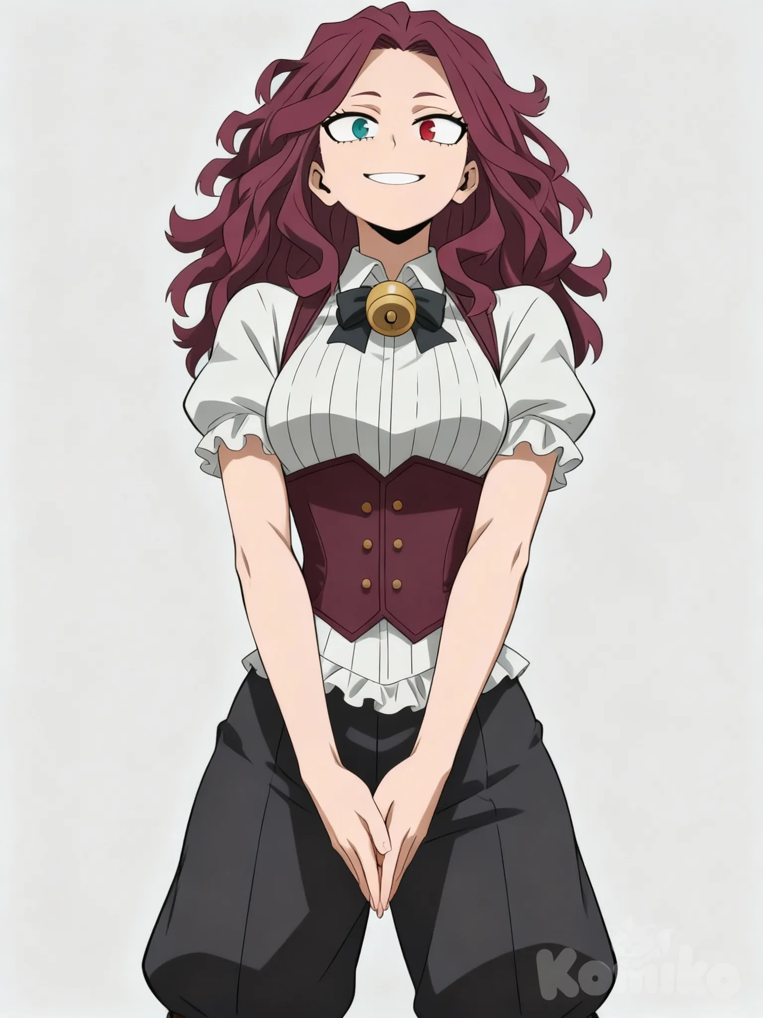 @rika-knight-h2nw, looking at viewer smiling, portrait, upper body, she is standing straight and symmetrical in a head-on view. The torso and waist show a slight hourglass curve, but the spine is generally straight, indicating a relaxed, upright posture. Both arms are bent backwards at the elbow.The hands are either clasped, resting just below the waistline.The head is facing directly forward, making eye contact.