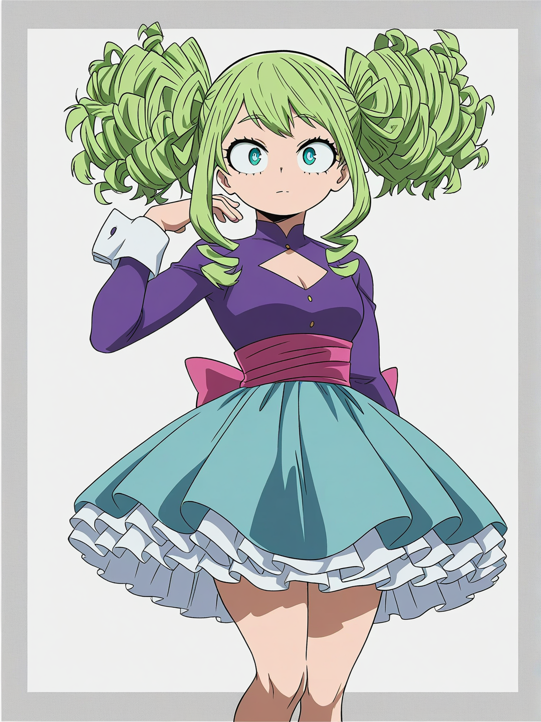 [bright-anime-style] 1girl, my_hero_academia, solo, teenager, athletic, curly_hair, ringlets, two-tone_hair, green_hair, purple_hair, thick_bangs, messy_bangs, sidelocks, large_eyes, teal_eyes, dimples, fair_skin, dress, teal_dress, magenta_dress, high_collar, standing_collar, cleavage_cutout, diamond_cutout, buttons, long_sleeves, flared_cuffs, frilled_cuffs, ruffles, sash, large_bow, side_bow, asymmetrical, asymmetric_skirt, frilled_skirt, layered_skirt, ruffled_border, single character, full body, looking at viewer, anime style, simple background, white background
