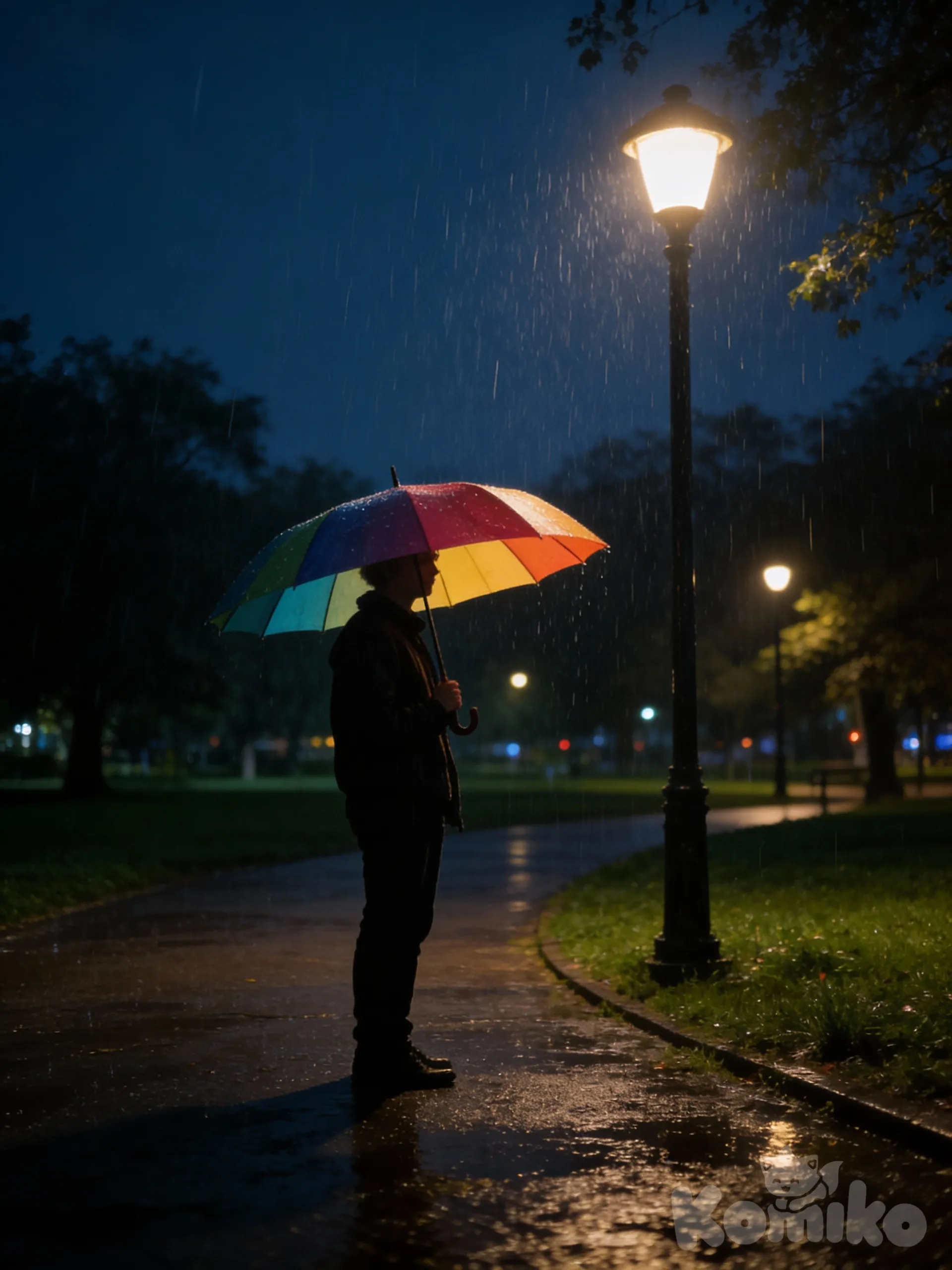 park, rainy, umbrella, night