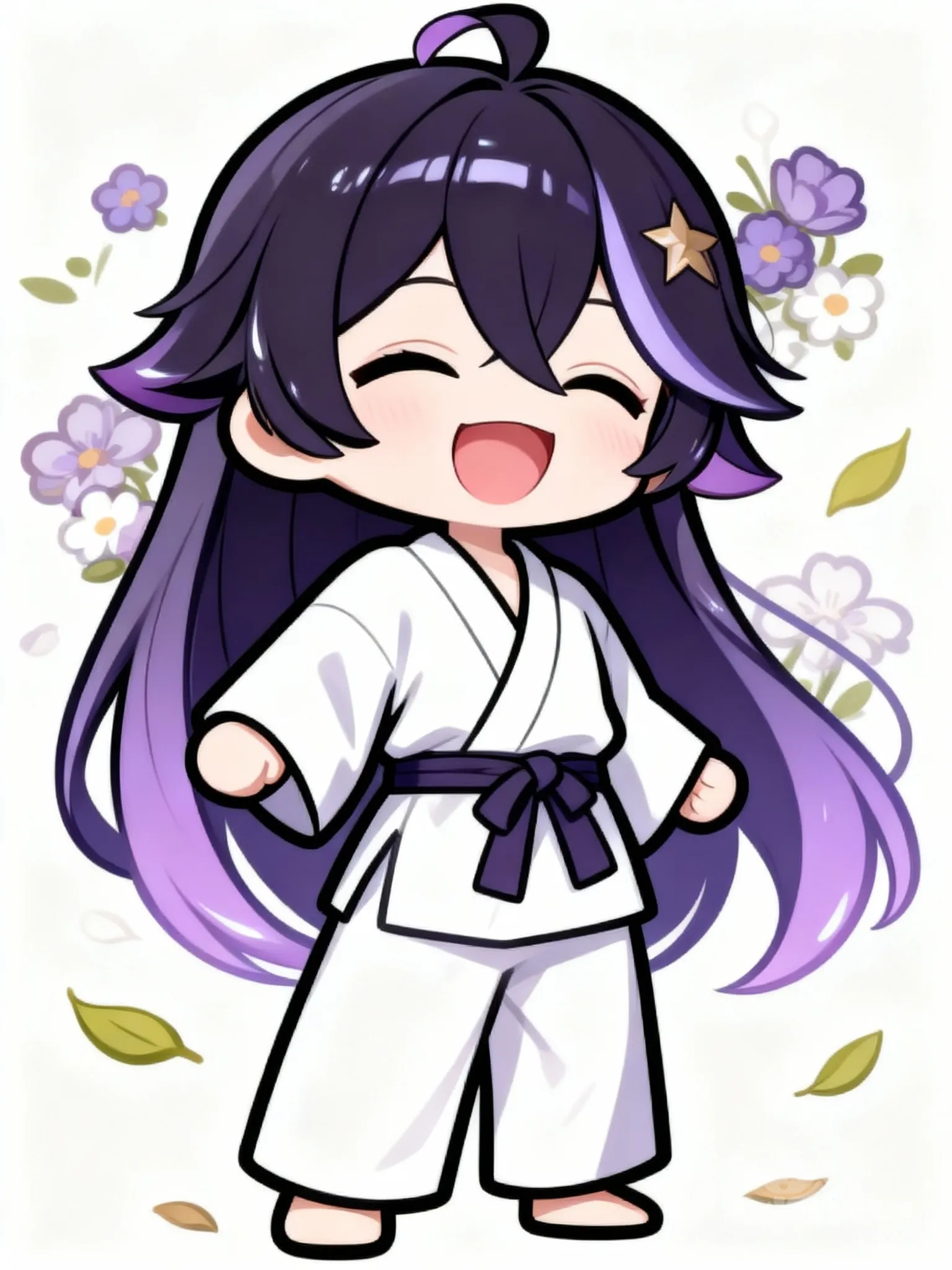 anime gi, @lunaniobe-tXiJ, flower [glossy-chibi-style], smile, open mouth, leaves falling