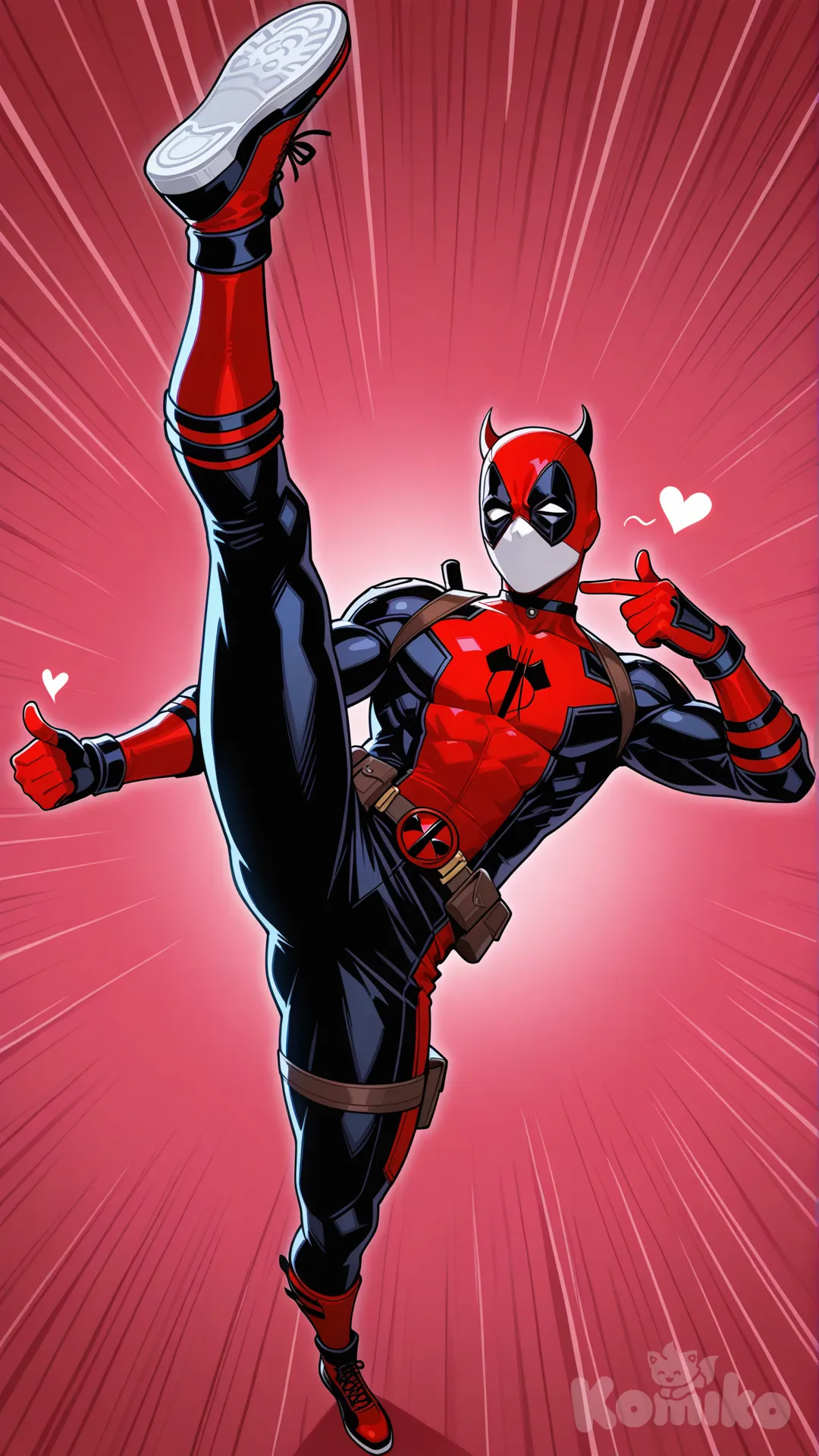 Dead pool con la primera mascara de hollow lanzando una patada de taekwondo y haciendo el simbolo del corazon con las manos