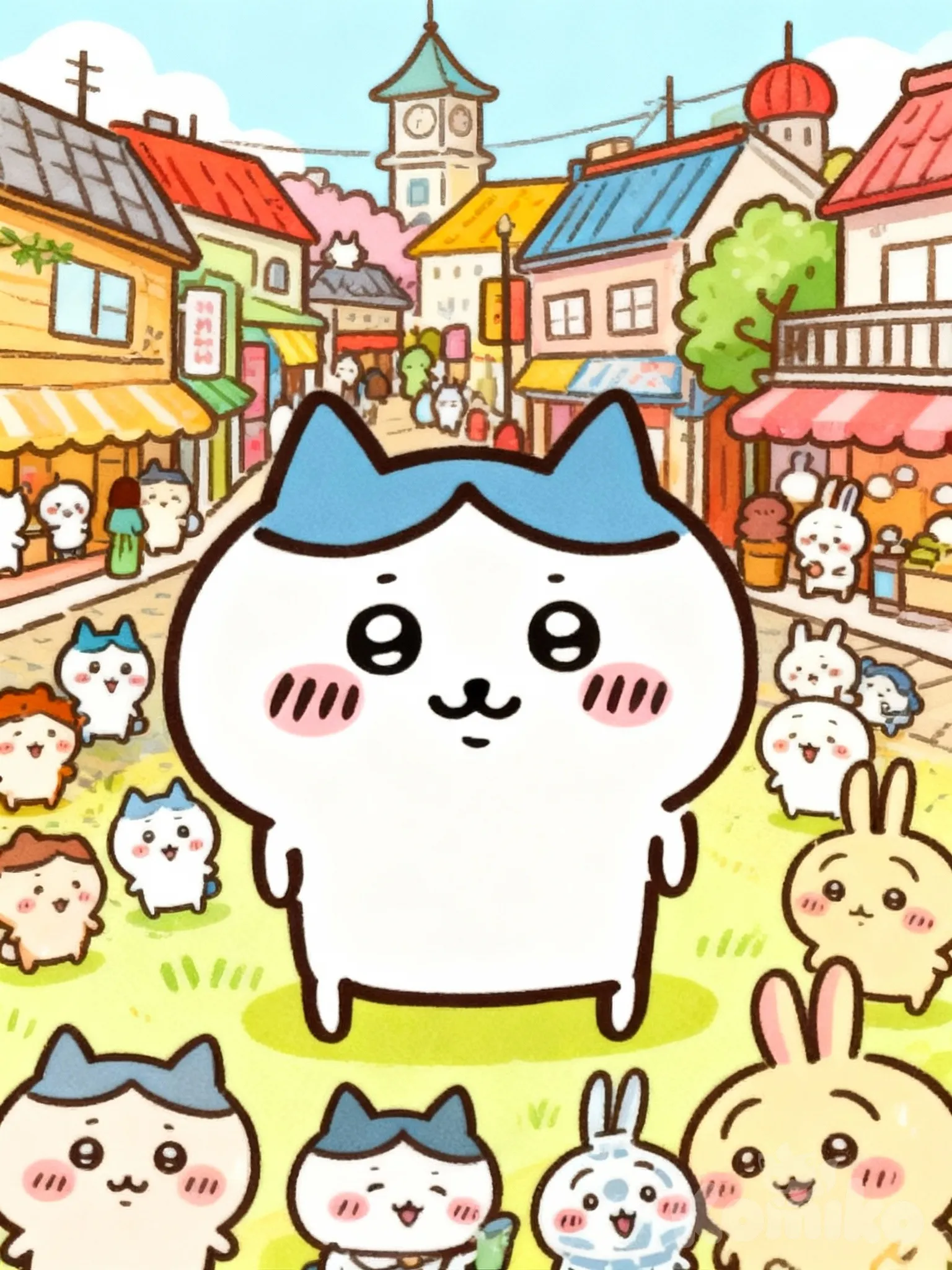 @Hachiware A town with lots of Hachiware,Picture book style