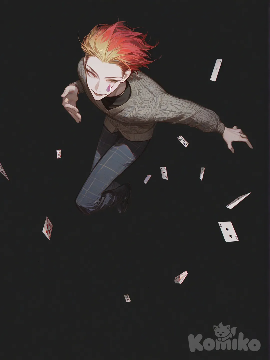 @Hisoka_Morow, [high-contrast-glossy-style], knitted cardigan, panoramic lens