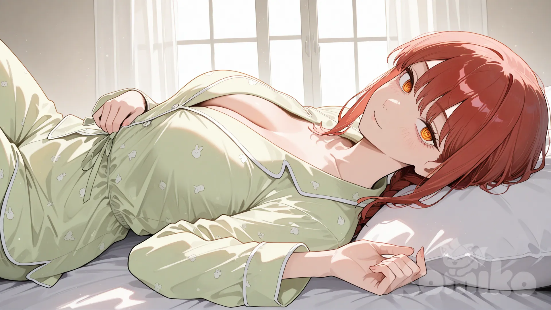 acostada boca arriba con una pijama sexy @Makima_(Chainsaw_Man)